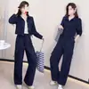 Conjunto de traje de trabajo personalizado para principios de otoño para mujer, elegante, chic, rejuvenecedor, chaqueta corta con capucha, chaleco, pantalones de pierna ancha, casual