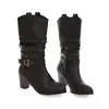 Novedad Hebilla de Cinturón Estilo Coreano Botas de Mujer Otoño e Invierno Botas de Tacón Grueso de Caña Alta Tallas Grandes 40-43 Zapatos de Comercio Exterior Botas de Caballero