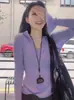 Camisa Polo Roxa Taro Francesa Gola Lapela Manga Longa Tricô Feminino Design Outono e Inverno Top Curto Slim Decote V