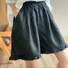 Shorts Casuales de Verano Nuevos de Algodón y Lino para Mujer, Retro de Alta Resistencia con Borde Fruncido, Cintura Elástica, Pierna Ancha