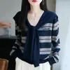 Suéter de Punto Rayado Color-Block Estilo Francés para Mujer, Suéter de Manga Larga Holgado de Moda para Vestir por Capas, Elegante Camisa Base que Reduce la Edad