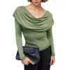 Ins Ropa Europea y Americana para Mujer Otoño Amazon Nuevo Cuello Redondo Profundo Plegado Color Sólido Manga Larga que Muestra el Ombligo Suéter