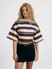 Camiseta corta a rayas Y2K transfronteriza europea y americana más vendida para mujer, corte holgado, adelgazante, cuello redondo, manga media, estilo casual y cropped