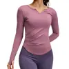 Roupas de Yoga Europeias e Americanas Transfronteiriças Decote V Manga Longa Cor Nude Cintura Franzida Emagrecedoras Justas Tops Esportivos Fitness