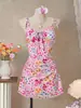 Traje de baño de una pieza con tirantes florales, volantes y cordón para mujer, conservador, anti-exposición, para vacaciones en la playa