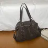 Bolsa tote de rebite retrô de grande capacidade para mulheres, nova coleção outono 2026, versátil, simples, casual e elegante, bolsa de mão/bolsa de ombro