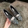 Aumento de 5 cm Hebilla Cuadrada de Diamante Copo de Nieve Elegante Punta Puntiaguda Satén Boca Baja Francesa Zapatos Planos Zapatos de Boda Zapatos Elegantes para el Trabajo