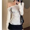 2024 Nuevo Estilo Cruzado Hombro Estilo Deseo Puro Camiseta de Manga Larga Ajustada de Color Sólido Estampada para Mujer Top Vintage Chica Caliente