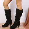 Botas de outono e inverno europeias e americanas novas botas de cano alto europeias e americanas camurça salto alto comércio exterior tamanhos 40-43 botas com fivela