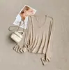 Nuevo top de punto de manga larga con cuello en V para otoño e invierno con mezcla de lana, diseñado como capa interior, estilo coreano, corte ajustado y favorecedor, top elegante para mujer