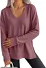 Amazon Comercio Exterior Transfronterizo Otoño/Invierno 2026 Nueva Camiseta de Waffle de Color Sólido con Cuello en V Holgada de Manga Larga con Abertura para Mujer