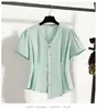 Estilo Coreano Verano 2026 Nueva Moda Elegantes y Hermosos Tops con un Toque de Lujo, Mangas de Farol Tres Cuartos, Camisas Cortas Rayadas para Mujer