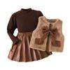 Conjunto de Otoño para Chicas Europeas y Americanas Transfronterizo de Shein: Conjunto de Tres Piezas: Chaleco de Piel con Lazo, Falda Larga de Cuero PU de Manga Larga