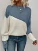 Suéter Feminino Europeu e Americano para Comércio Exterior Transfronteiriço Casual Malha Solta Cor Blocada Amazon Manga Longa Gola Redonda Top de Tricô