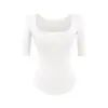 Camiseta Cuadrada de Manga Media Estilo Puro Deseo Chica Picante para Mujer, Top de Yoga Fitness a la Moda Ceñido a la Cintura Slim-Fit, Camiseta Básica de Color Sólido
