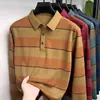 Camisa polo de manga larga con cuello para primavera y otoño para hombre, a rayas, con bolsillos funcionales, camiseta, camiseta básica, top casual cómodo para hombre