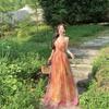 Estilo Férias na Praia, Lindo Vestido de Alça com Estampa Floral Laranja, Temperamento Puro e Sedutor de Fada, Saia Longa de Gaze até o Chão