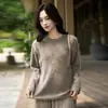 Suéter grueso, lujoso, de alta gama para mujer, mezcla de seda y cachemira, con cuello redondo, forro interior de felpa texturizada, un top elegante para el invierno