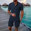Conjunto Casual de 2 Piezas Verano 2025 Amazon para Hombre Sencillo Color Sólido Camisa de Manga Corta Texturizada y Conjunto de Shorts
