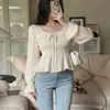 Coleção Outono 2026 Nova Coreana: Blusa Elegante com Decote Quadrado, Ajustada, Mangas Bufantes, Top Curto Estilo Francês para Mulheres