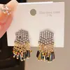 Pendientes de Cristal Geométricos con Borlas Incrustadas de Diamantes Estilo Étnico Moda Única Nicho Pendientes de Alta Gama Aguja de Plata Vintage Lujo Ligero