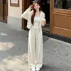 Conjunto esportivo de estilo casual para mulheres, nova moda outono e inverno, jaqueta moletom com capuz, conjunto de duas peças com calça de cintura alta com cordão e perna larga