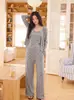 (Bunai VIP) Conjunto de pijama de três peças com design original para outono e inverno, com mangas compridas e calças compridas, moderno para mulheres, pode ser usado fora de casa