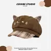 Gorra Octagonal de Estilo Japonés con Orejas de Gato a Cuadros Linda para Niñas, Cuadros Patchwork de Primavera y Otoño, Hace que la Cara Parezca Más Pequeña, Gorra de Boina Versátil