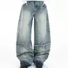 Jeans de perna larga curva com efeito amassado de raio tendência de rua calças de pai com bigodes bordas desfiadas calças compridas de perna larga curvas com efeito desgastado