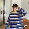 Primavera e Outono Moda Marca Listrada Manga Comprida Camiseta Masculina Casual Ins All-match Moda Estilo Hong Kong Estilo Japonês Harajuku Solto Camisa Base