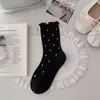 Meias de Renda de Algodão Puro Meia de Cano Médio Feminina Estilo miu Malha Respirável Doce Japonês Floral Lolita Folgadas Longas