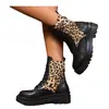 Comercio Exterior Talla Grande 2025 Nuevas Botas Martin con Cordones, Tacón Grueso, Modernas, Versátiles, Elegantes, con Cordones, Bloque de Color, Estampado de Leopardo para Mujer