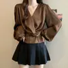Roupa feminina plus size gordinha Cetim Ácido Acético Decote V Cintura Apertada Slim Fit Manga Longa Camisa Pulôver Camisa Pulôver Fina Top Feminino