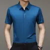 Camisa de manga corta para hombre de verano, delgada, sin costuras, seda de hielo, manga media, cuello de solapa, estilo business casual de alta gama, elástica, resistente a las arrugas