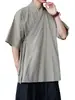 Bata holgada, imitación lino, talla grande, manga corta, inspirada en el Zen, cárdigan de estilo antiguo para hombre, con cuello cruzado y tapeta diagonal, chaqueta Hanfu, estilo chino de verano