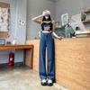 Jeans de pierna ancha para mujer de talla grande 2023 verano nuevo diseño ajustado de cintura alta rayas verticales pantalones rectos