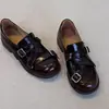 Versão em Couro Macio~Mocassins Femininos Slip-On Bico Redondo com Tira de Fivela e Salto Bloco, Design Britânico em Couro Envernizado com Salto Bloco, Sapatos Pequenos de Couro