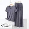Conjunto de camiseta casual suelta fina de modal para mujer, primavera y verano, estilo coreano, manga corta, talla grande, conjunto delgado de dos piezas