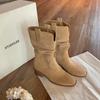 Botas de Cowboy Ocidentais para Mulheres Verão 2025 Novas Retrô Bico Fino Botas Plissadas Maillard Meio da Panturrilha Salto Grosso Botas Curtas