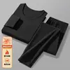 Conjunto de roupa íntima térmica masculina para o outono, com gola redonda, ajuste elástico, resistente ao frio, espessado, autocalor e material amigo da pele.