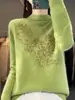 Suéter Meia-Gola Outono e Inverno para Mulheres com Pedrarias de Folhas, Camisa Base Tricotada, Top Versátil da Moda com Gola Redonda A8203