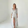 Vestido Estampado de Verão Novo Estilo Europeu e Americano Romântico Francês para Férias na Ilha com Decote V e Mangas Bufantes com Fenda