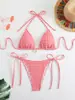 Yz1010 Nuevo Bikini de Cuadros Rosa y Blanco con Amarre, Traje de Baño de Dos Piezas con Copas Triangulares y Amarre, Gasa de Burbujas Texturizada