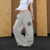 Calça casual retro de letras com contas estilo europeu e americano para mulheres, corte solto, perna reta, moda high-street, calça esportiva da moda