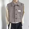Jaqueta Colete Xadrez Retrô Masculino Primavera e Outono Solta Tendência Coreana Bonito Colete Curto Top Colete