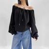 Sudadera de Manga Larga con Hombro Descubierto, Cordón y Cordones, Estilo Perezoso, Top Holgado de Terciopelo para Mujer, Otoño