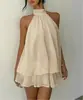 Ropa de Mujer Transfronteriza Europea y Americana de Vacaciones Adelgazante Sexy Espalda Descubierta Cuello Halter Corbata en la Cintura Top Falda Corta Esponjosa Vestido