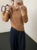 Suéter de malha de lã Merino 100% fiada fina com mangas compridas para mulher, gola polo, modelagem que afina, mangas compridas, bordado de cavalo pequeno, estilo novo, estilo coreano