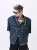 Jaqueta jeans acolchoada nos ombros de manga curta para homens, design de nicho, estilo retro americano high street, jaqueta estilosa com barra crua tendência
