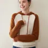 Novidade Outono e Inverno Tricô de Caxemira com Capuz para Mulheres, Tricô Folgado Aconchegante com Blocos de Cor e Manga Raglan, Tricô para Usar por Baixo, Moletom de Lã